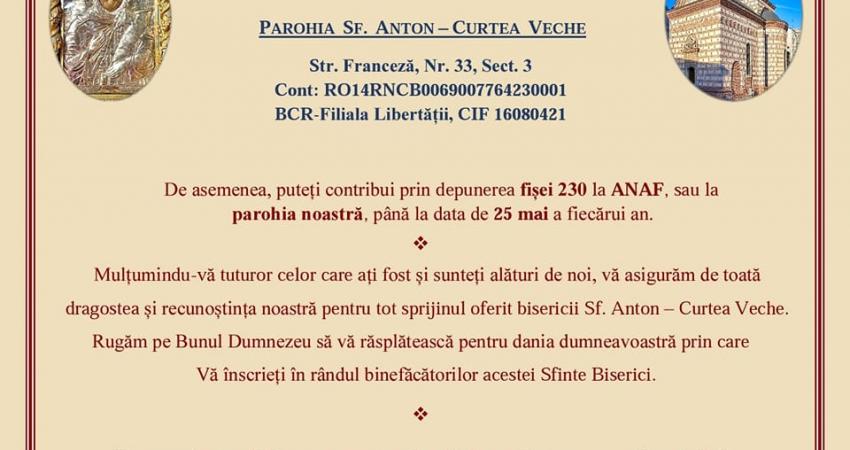 DONEAZĂ pentru Biserica Sf. Anton - Curtea Veche